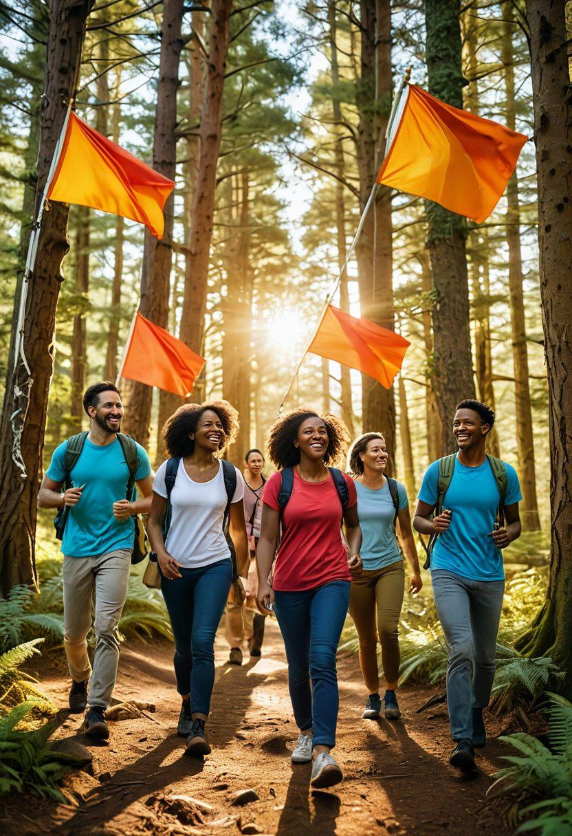A diverse group of friends engaging in a lively outdoor activity, such as hiking or playing games, surrounded by vibrant nature. Each person showcases joyful expressions, highlighting the bonds of companionship. The scene is bathed in golden sunlight, creating an inviting atmosphere, with colorful flags or banners symbolizing unity and shared experiences. super-realistic. vibrant colors. outdoor setting.