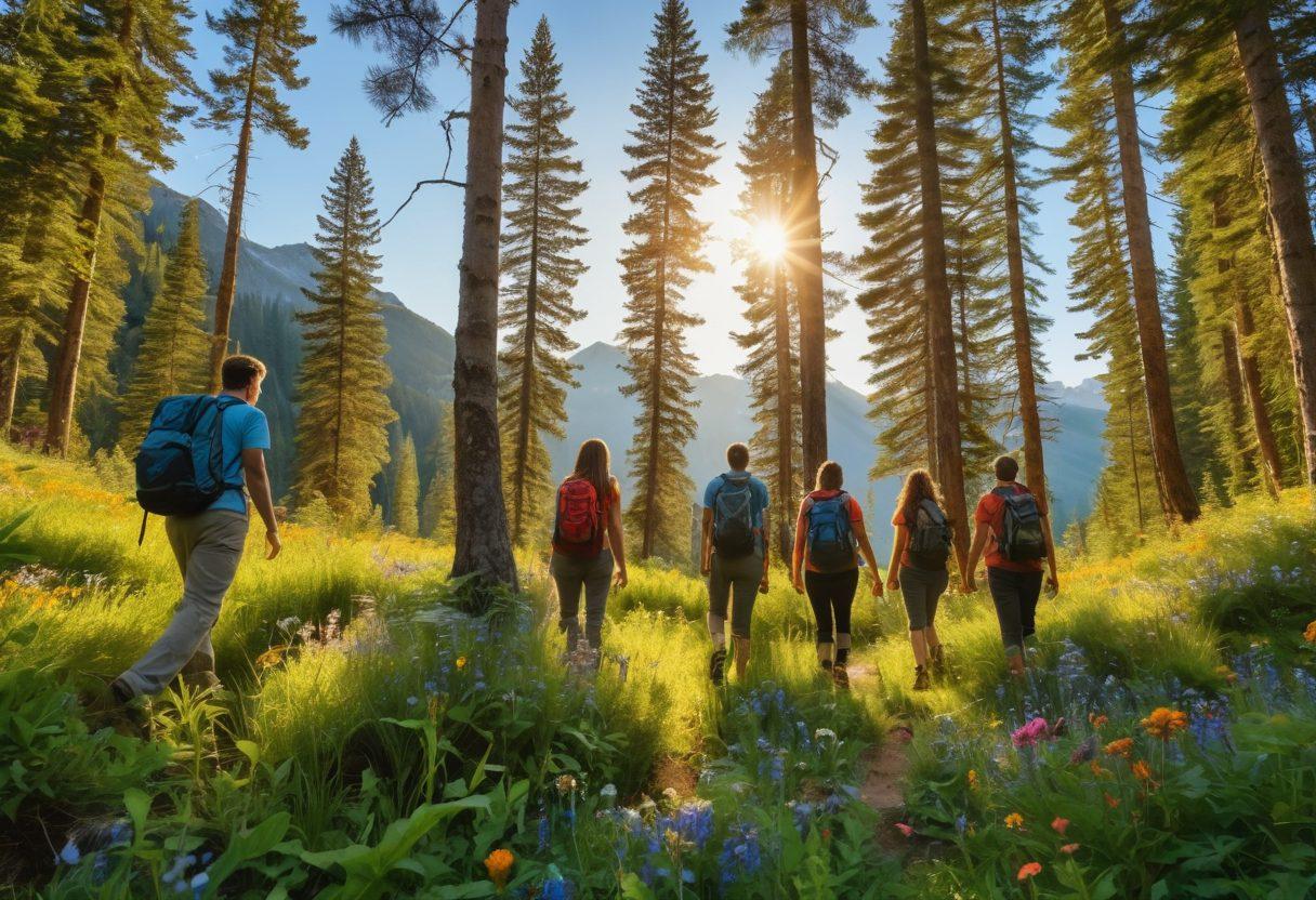 A panoramic view of a diverse group of friends hiking through a lush forest, laughing and sharing stories, with mountain peaks in the background and vibrant wildflowers at their feet. Capture the essence of camaraderie and adventure, showcasing both nature's beauty and the joy of connection. super-realistic. vibrant colors. warm sunlight.