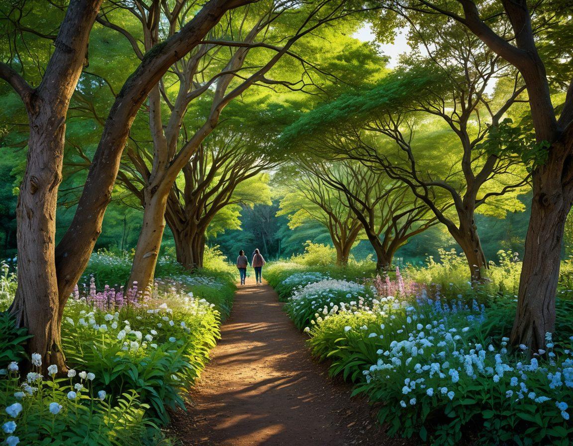 A serene forest pathway lined with lush trees, where two individuals share a moment of connection, gazing at each other with warmth. Soft sunlight filters through the leaves, casting dappled shadows on the ground, symbolizing the transition from friendship to romance. Incorporate subtle elements of nature, like blooming flowers and small animals observing the scene. painting. vibrant colors. dreamy atmosphere.